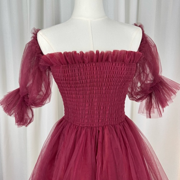 Beasha Studios Tulle Babydoll Wine Mini Dress with Puff Sleeves L - Picture 7 of 13